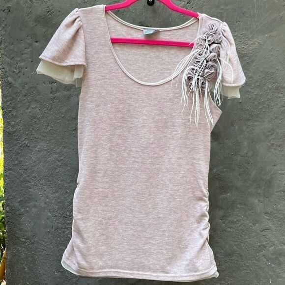 ANTHROPOLOGIE LULUMARI FLOWER FEATHER EMBELLISHED SHORT SLEEVE RUCHED TOP MEDIUM - Picture 10 of 15